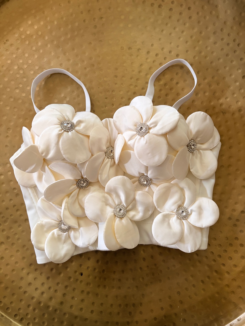 SHEIN Cream Floral Appliqué Crop Top with Rhinestone Centers